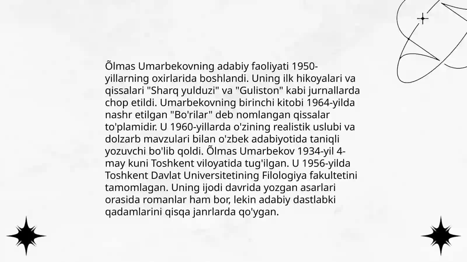Õlmas Umarbekovning hayoti va ijodi vz Qiyomat qarz asari haqida uning qahramonlari vaqida 4