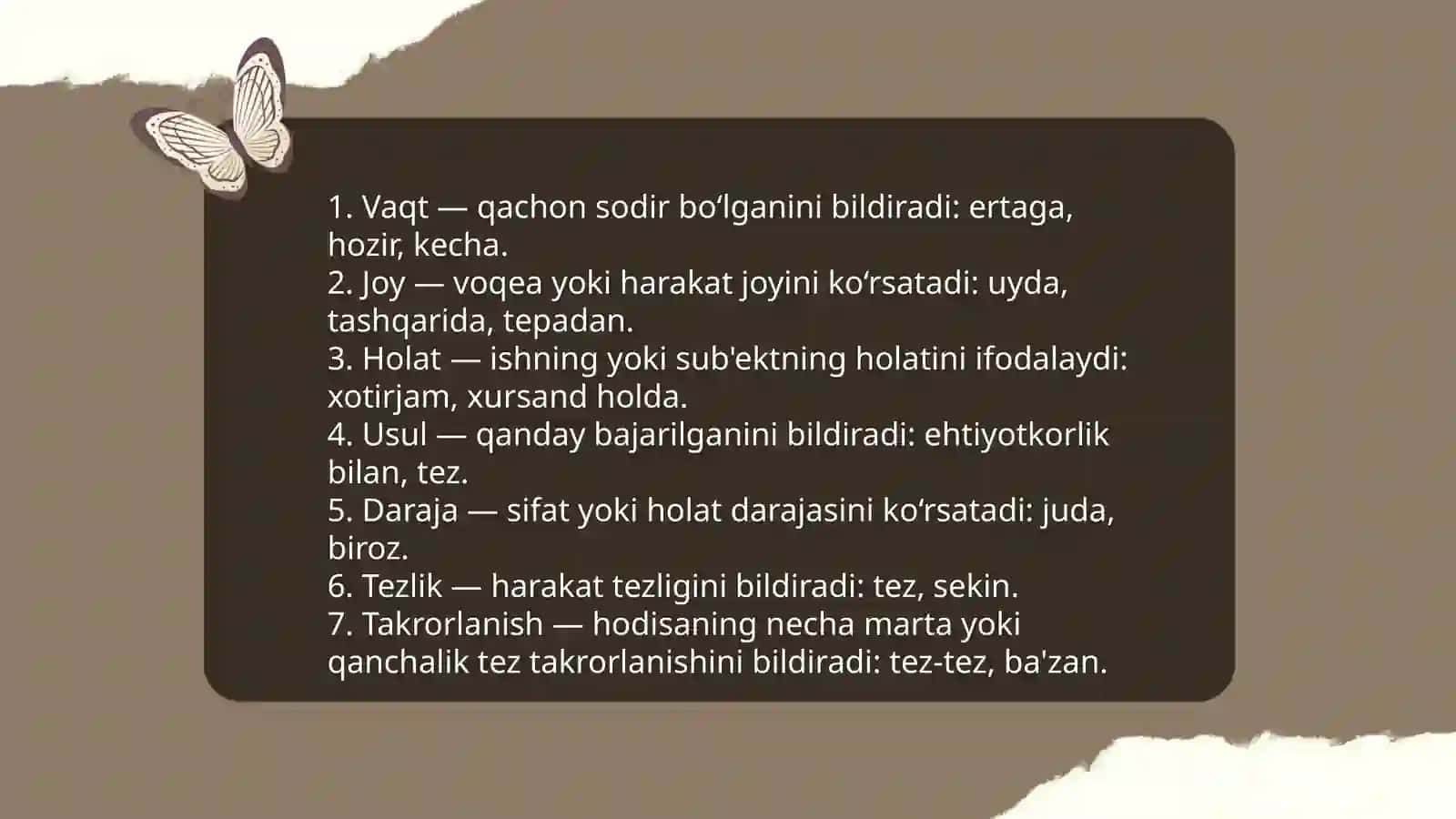 Ravish so'z turkumi va uning o'ziga xos belgilari 4