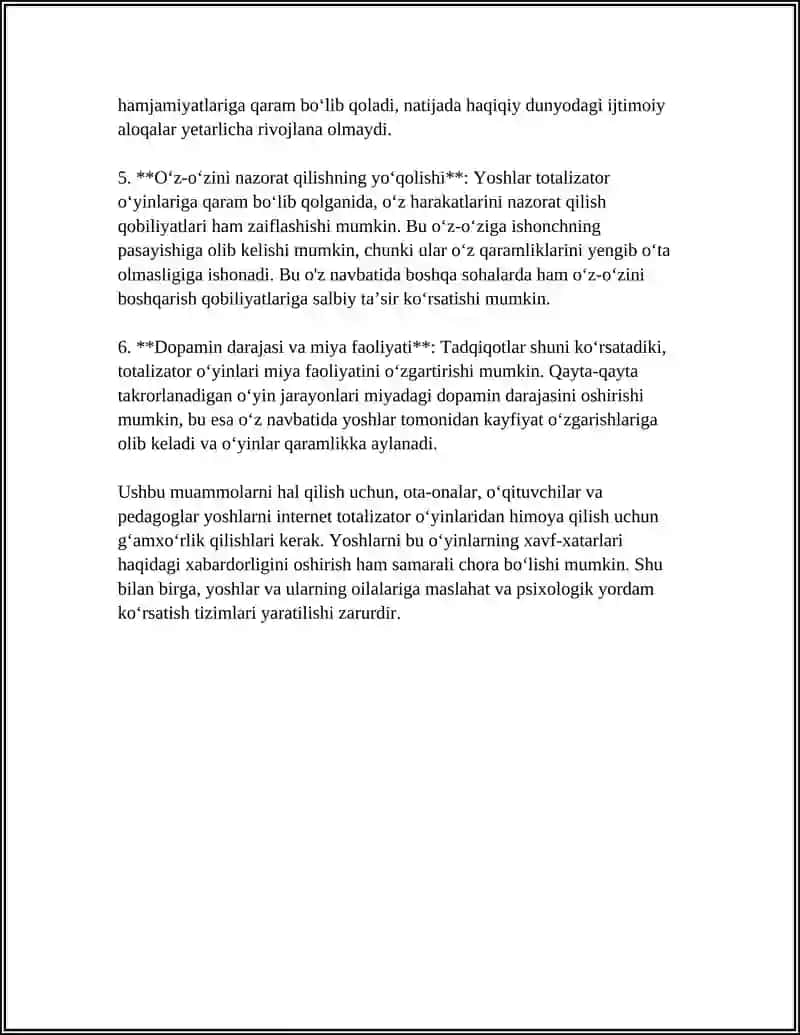 INTERNET TARMOGʻIDA TOTALIZATOR O'YINLARINING SALBIY OQIBATLARI VA UNI BARTARAF ETISH CHORALARI 4