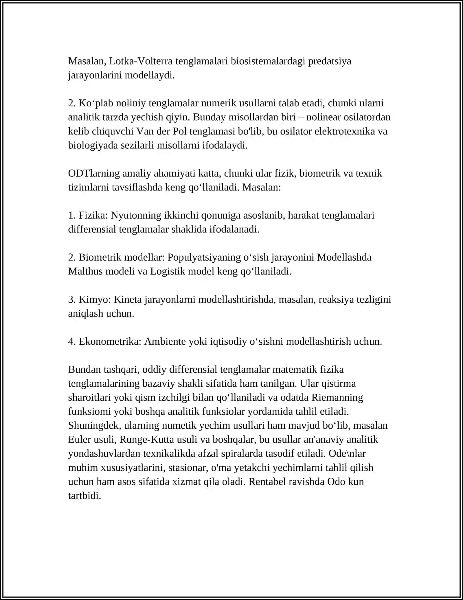 ODDIY DEFERENSIAL TENGLAMALAR. YUQORI TARTIBLI DIFERENSIAL TENGLAMALAR. BIR JINSLI BO‘LMAGAN IKKINCHI VA YUQORI TARTIBLI CHIZIQLI DIFERENSIAL TENGLAMALAR 4