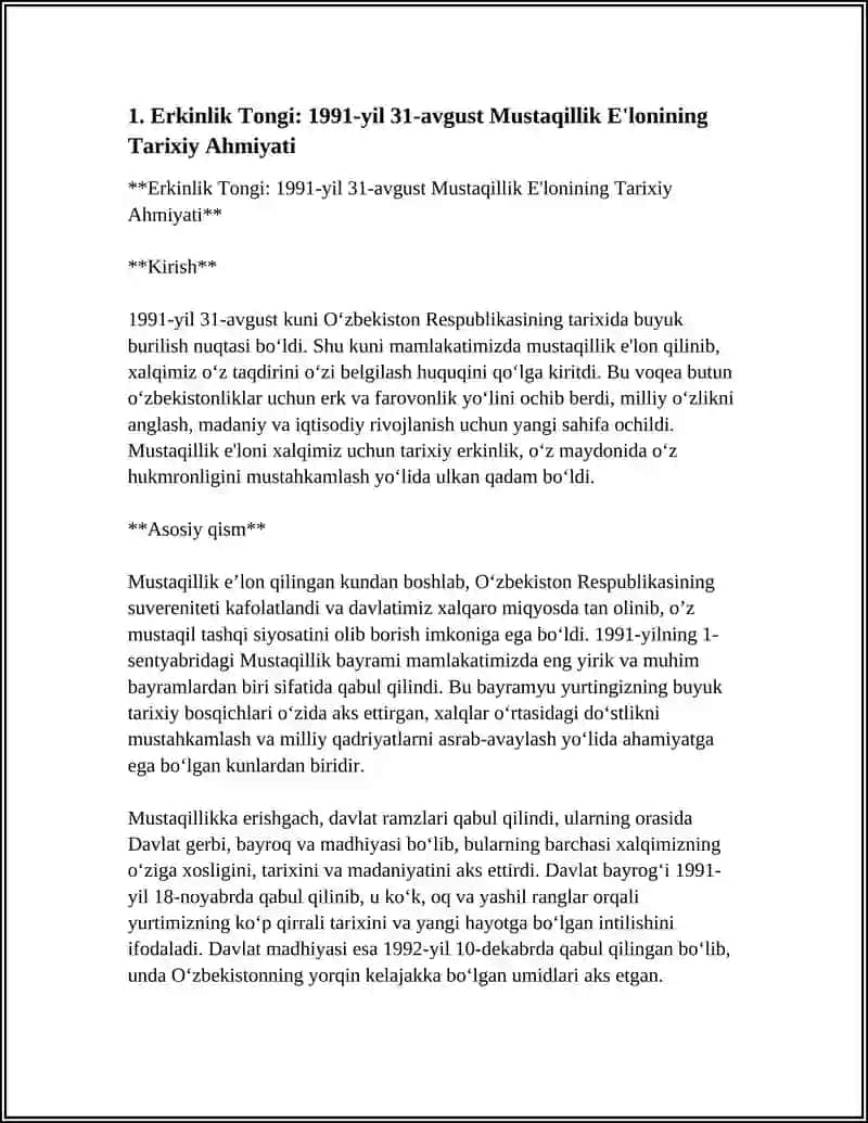 Erkinlik Tongi: 1991-yil 31-avgust Mustaqillik E'lonining Tarixiy Ahmiyati 4