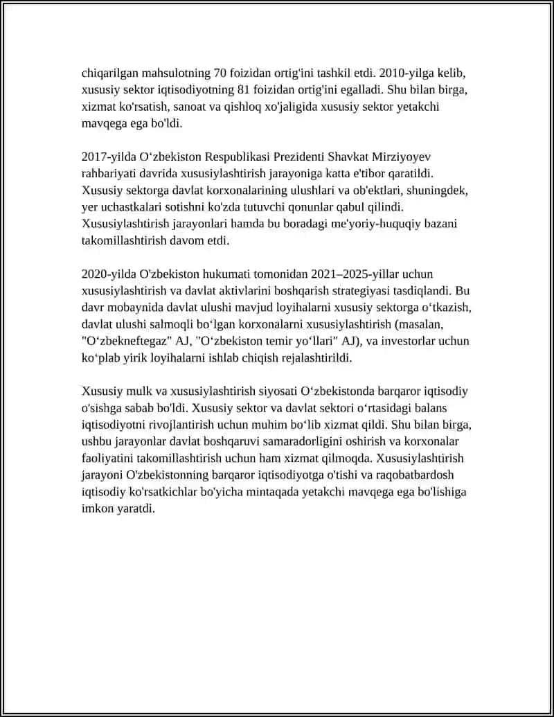 Xususiy mulk va xususiylashtirish siyosati Oʻzbekistonda 4
