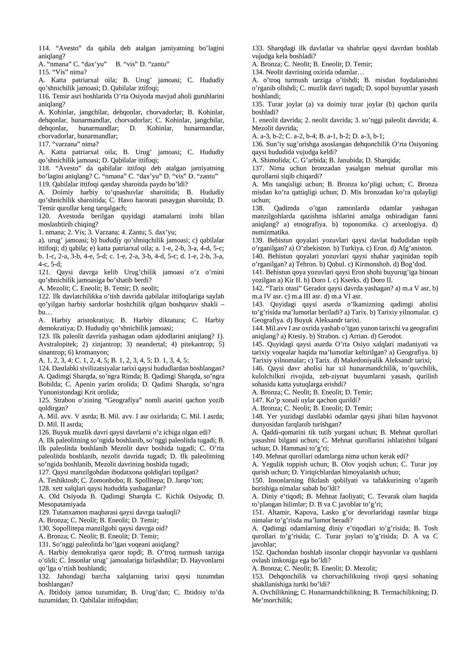 6-sinf Qadimgi Dunyo Tarixi 1-10-mavzular yuzasidan mavzulashtirilgan testlar 4
