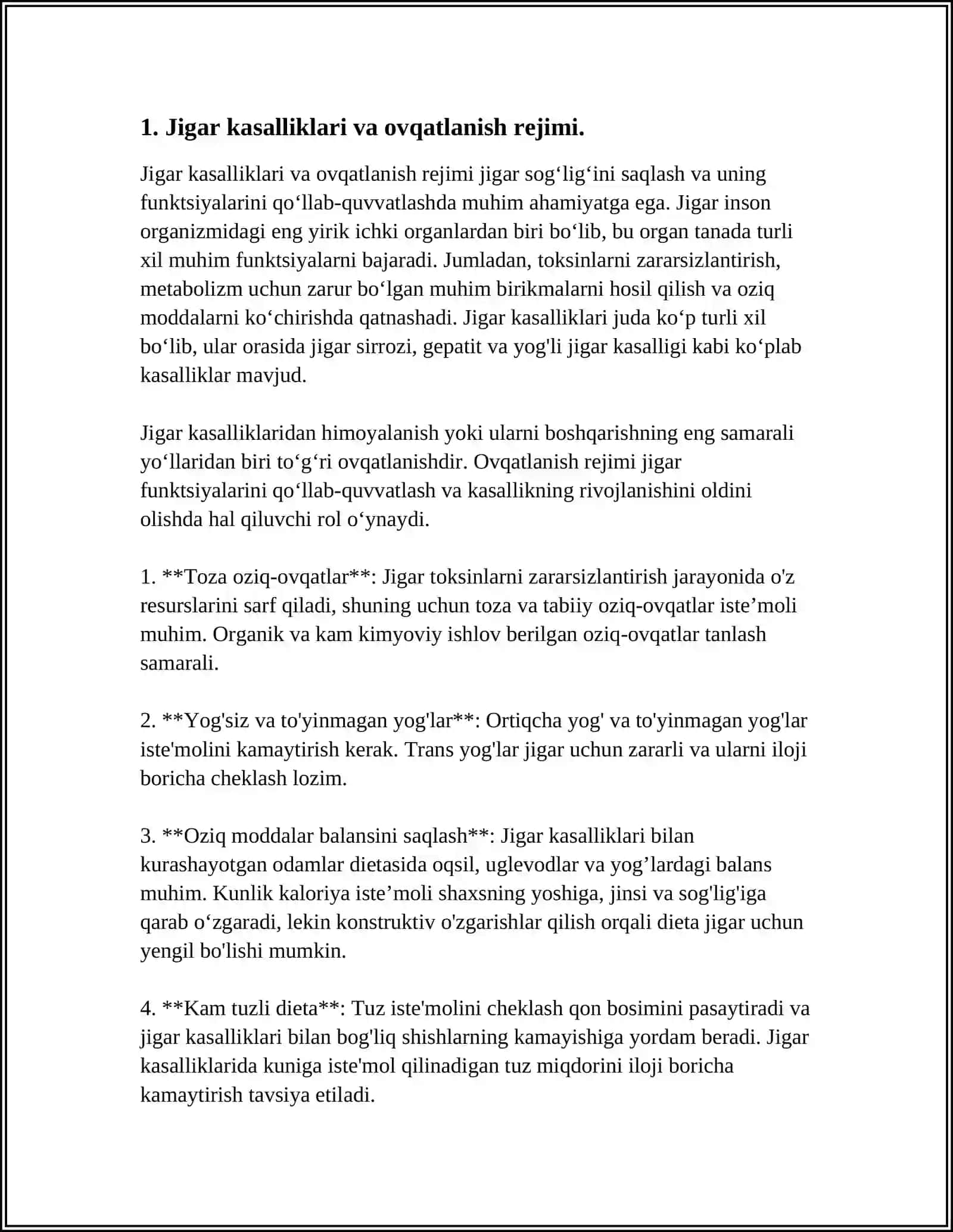 JIGAR VA UT YULLARI KASALLIKLARIDA DAVOLOVCHI OVQATLANISH.RADIOAKTIV MODDALAR BILAN ZARARLANISH.PESTITSIDLAR BILAN OZIQ-OVQAT MAXSULOTLARINING IFLOSLANISHI 4