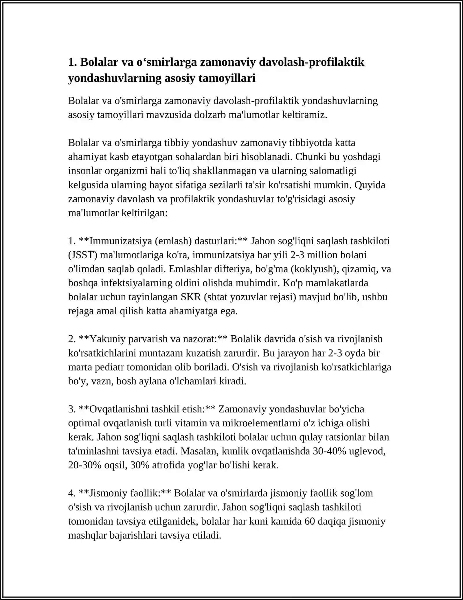 BOLALARGA VA O‘SMIRLARGA DAVOLASH-PROFILAKTIK YORDAM KO‘RSATISHNING ZAMONAVIY TAMOYILLARI 4