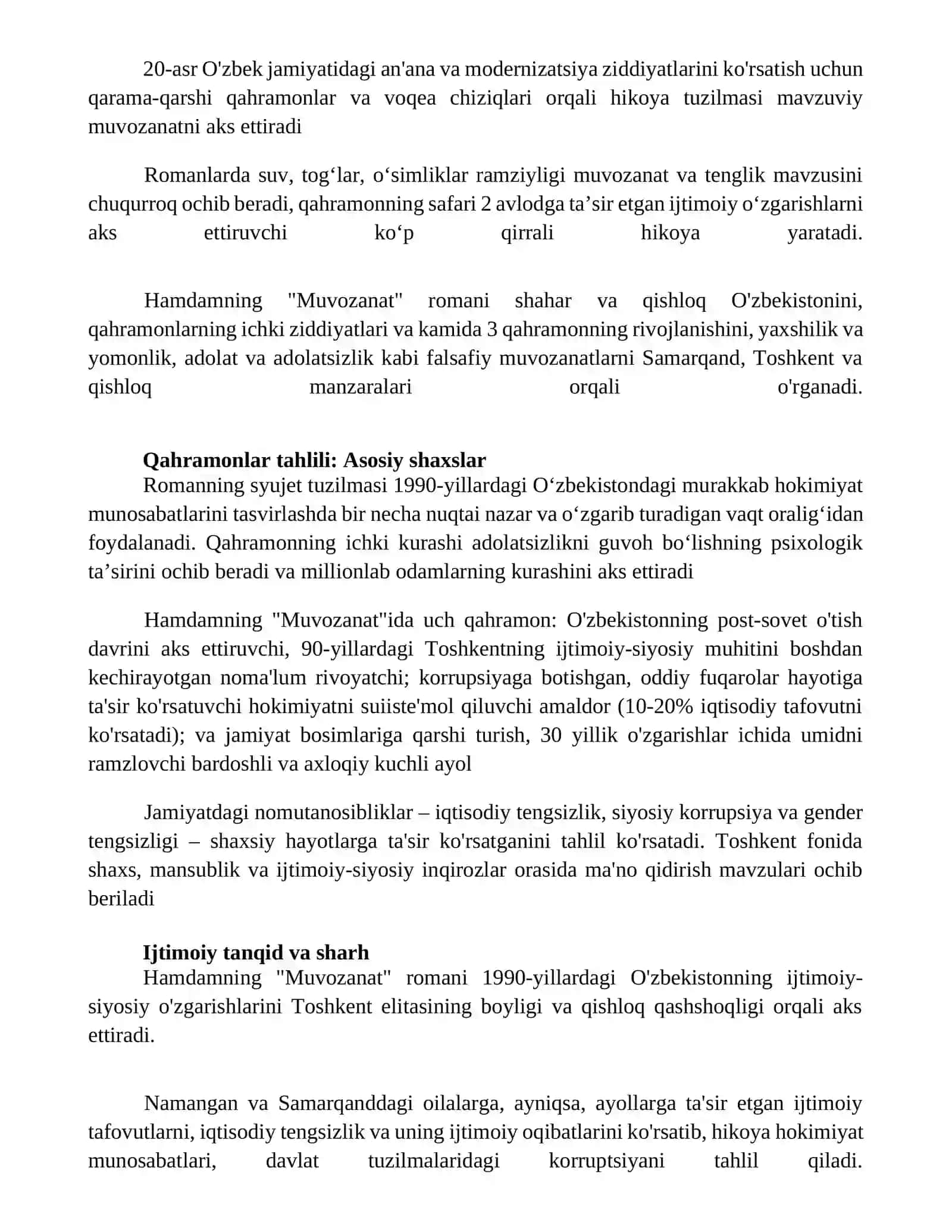 Ulugʻbek Hamdamning "Muvozanat" Romani tahlili 4