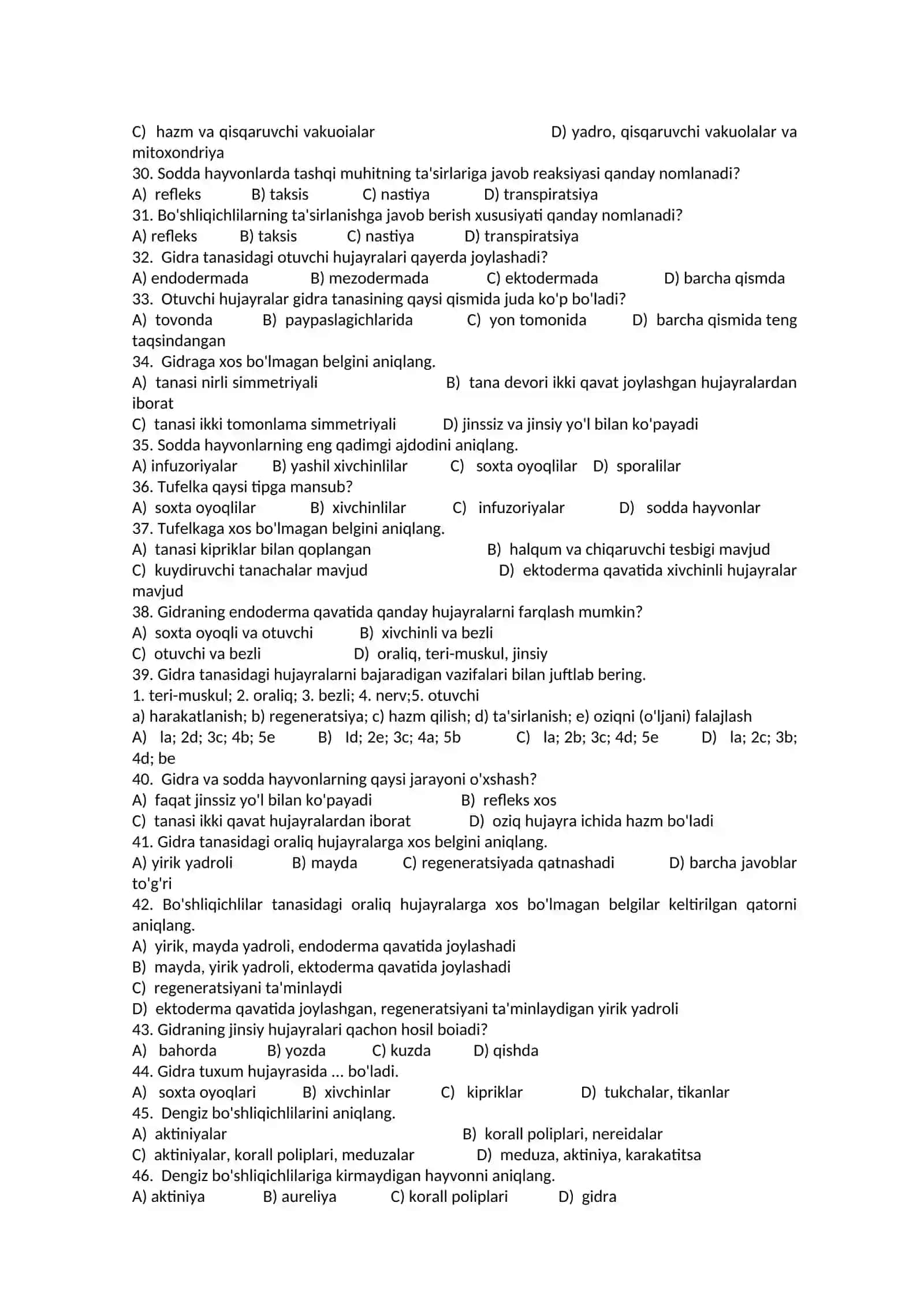 7-sinflar uchun Zoologiya fanidan TEST SAVOLLARI 4