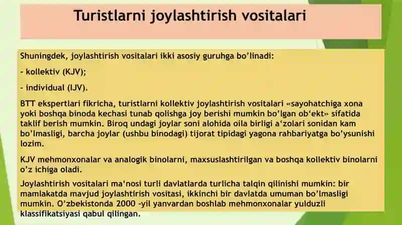 Taqdimot. Mavzu: Turizmda joylashtirish va ovqatlantirish sektori. 4