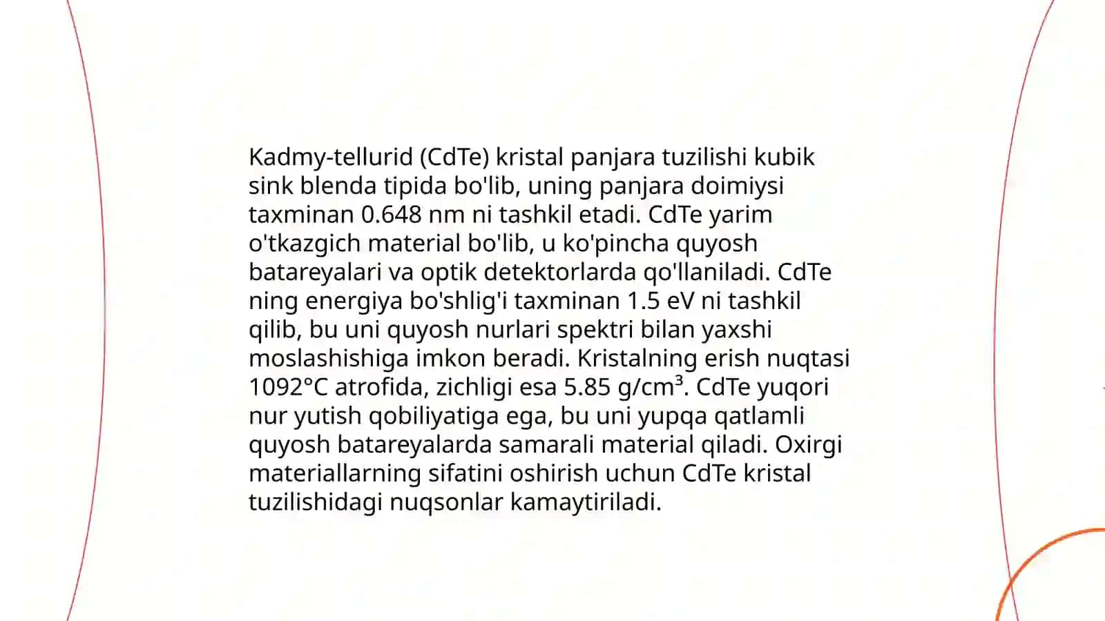 Kadmiy telluridining (CdTe) atom, kristal panjara, termodinamik va elektirofizik xususiyatlari 4