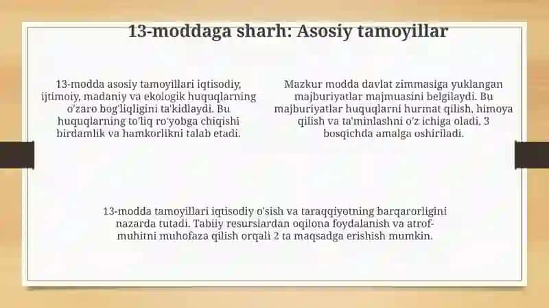 9-боб. Иктисодий,ижтимоий, маданий ва екологик хукуклар 13-моддага тариф 4