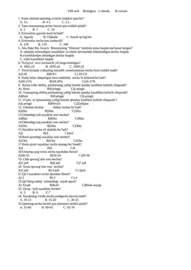 VIII-sinf. Biologiya. 1-chorak. II-variant 4