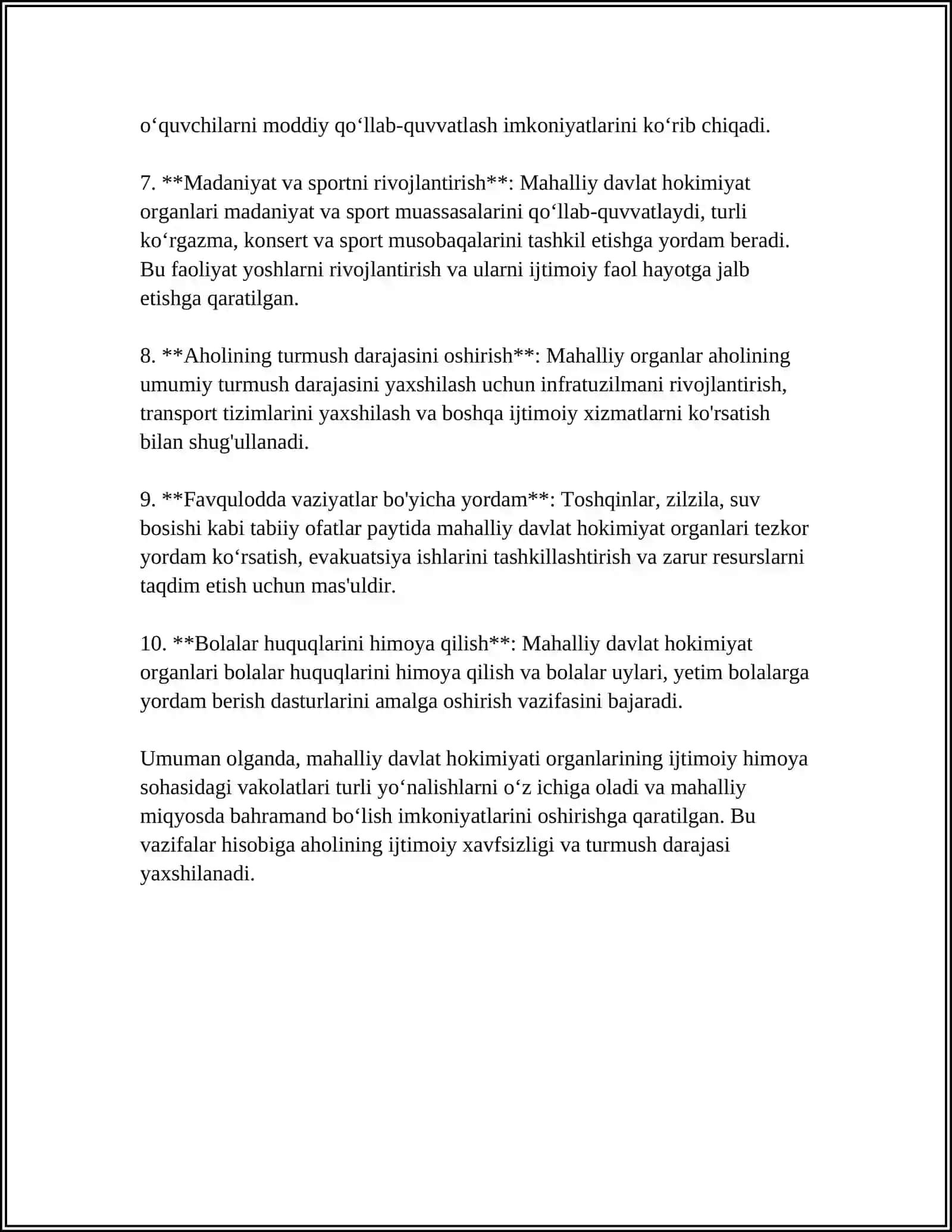 MUSTAQIL ISH Mavzu: MAHALLIY DAVLAT HOKIMIYATI ORGANLARI IJTIMOIY HIMOYA SOHASIDAGI VAKOLATLARI 4