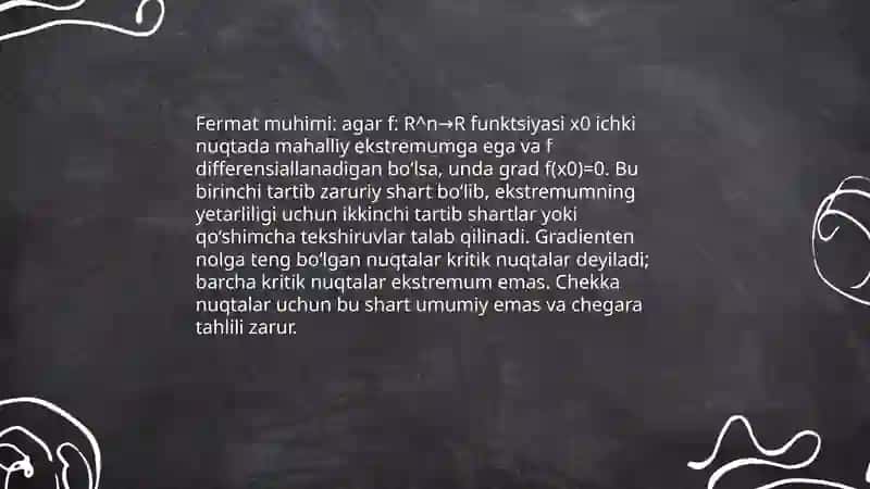 Ko’p o’zgaruvchili funksiyalarning ekstremumlari uchun zaruriy va yetarli shartlar 4