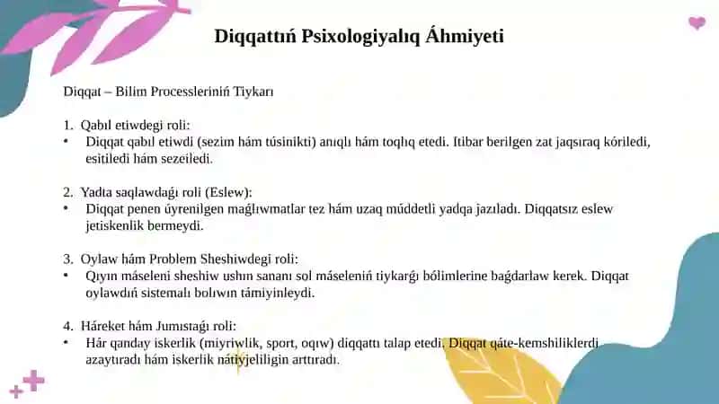 Diqqat túrleri hám oniń qasiyetleri (Qaraqalpaq tilinde) 4