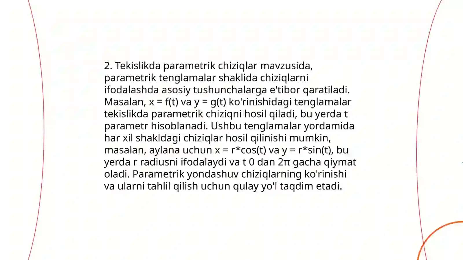 Chiziqlarning parametrik tenglamasi oliy matimatka 4