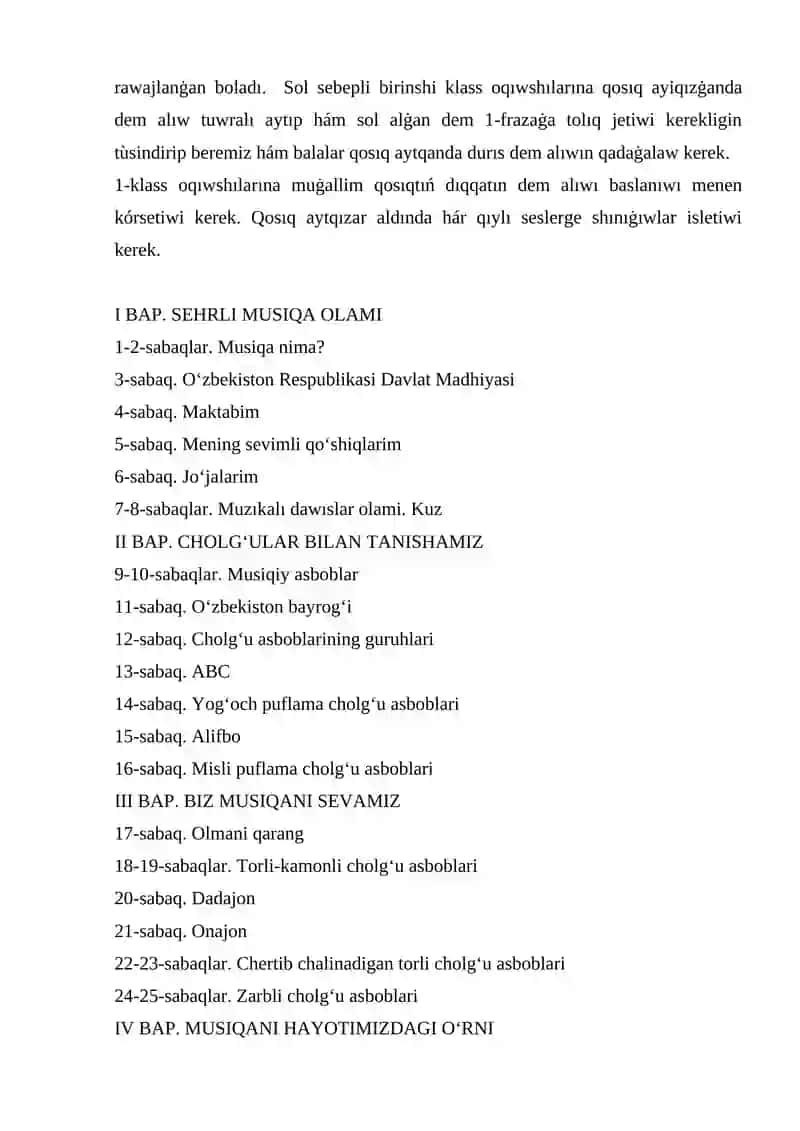 1-4 klaslarda muzıka oqıtıwdıń wazıypaları hám mazmunı 4