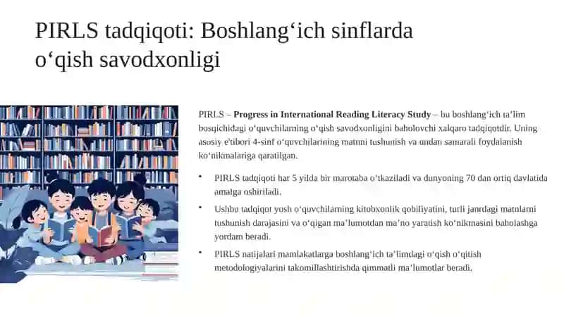PISA tadqiqoti haqida umumiy maʼlumotlar. PIRLS tadqiqotlarida oʻqish savodxonligi Matematik savodxonlik talqini va uni tashkil qiluvchi aqliy faoliyat turlari. 4