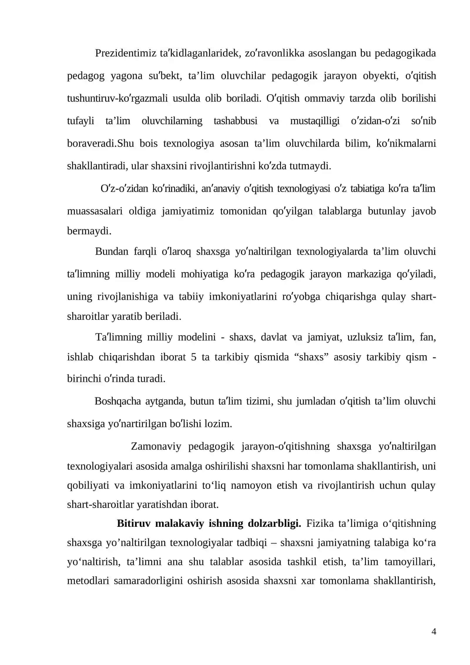 Akademik litseylar fizika ta’limini shaxsga yo‘naltirilgan pedagogik texnologiya asosida tashkil etish mexanika bo‘limi misolida 4