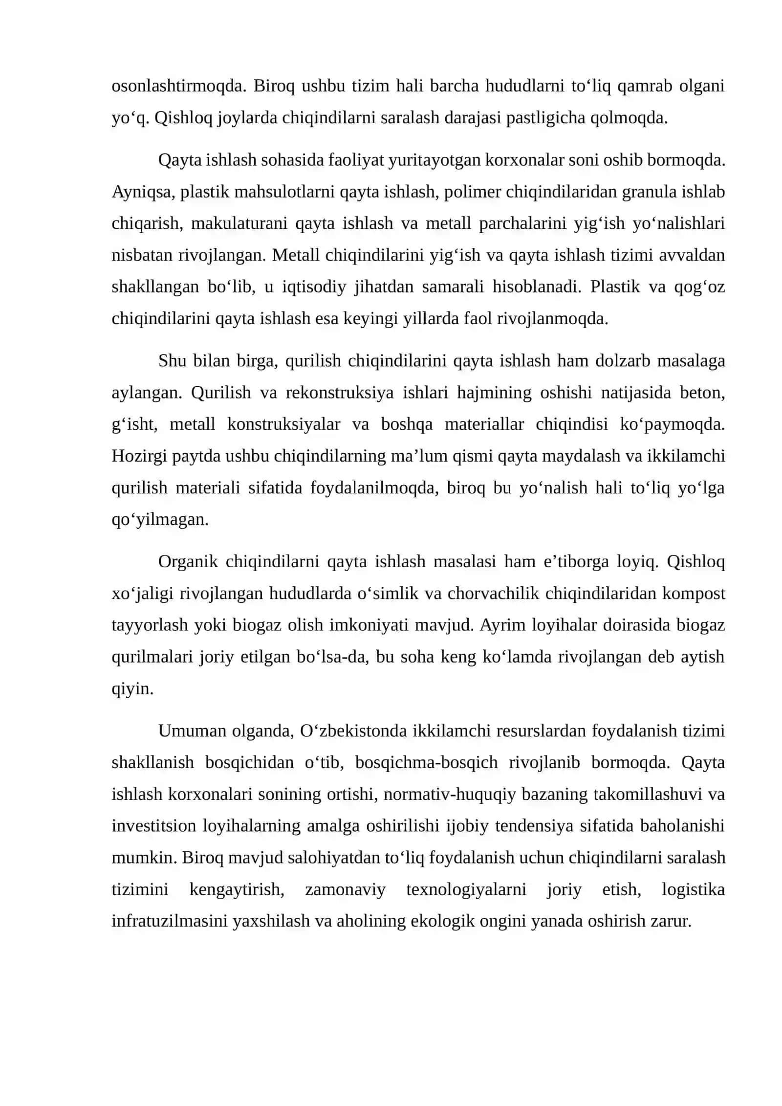 Oʻzbekistonda ikkilamchi resurslardan foydalanishni holati va uni yaxshilashni yoʻllari 4