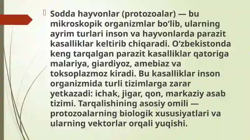 Oʻzbekistonda Sodda Hayvonlar Tomonidan Keltirib Chiqaruvchi Parazitlar Kasalliklarining Tarqalish Sabab 4