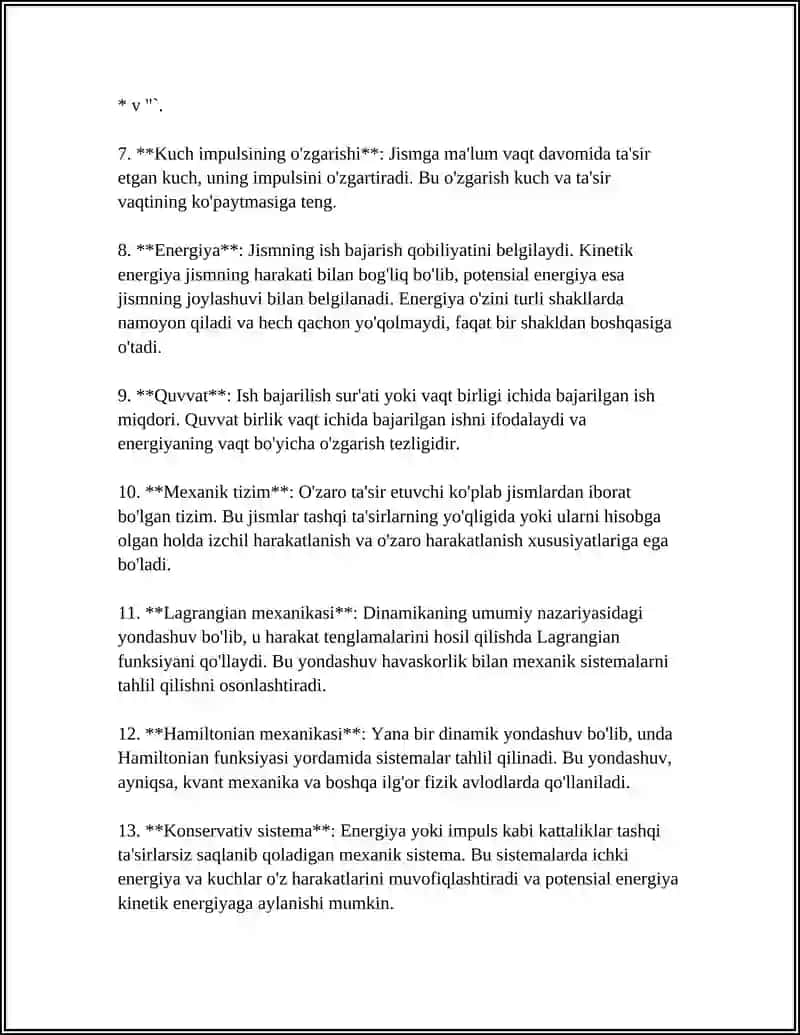 DINAMIKANING ASOSIY TUSHUNCHALARI. MEXANIK SISTEMA DINAMIKASI 4