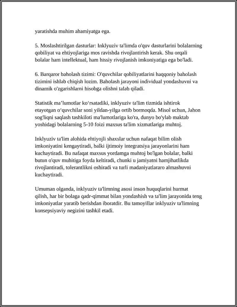 ALOHIDA YORDAMGA MUHTOJ SHAXSLARNI INKLYUZIV TA'LIM KONSEPSIYASINING MOHIYATI VA ASOSIY QOIDALARI 4