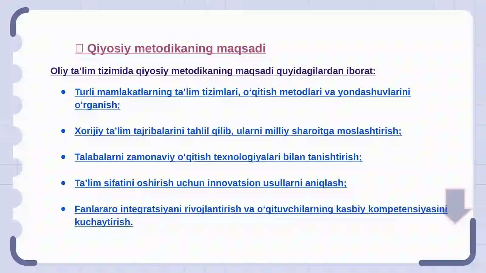 "Qiyosiy metodika". Qiyosiy metodikaning maqsadi, vazifalari va o'rganish ob'ekti 4