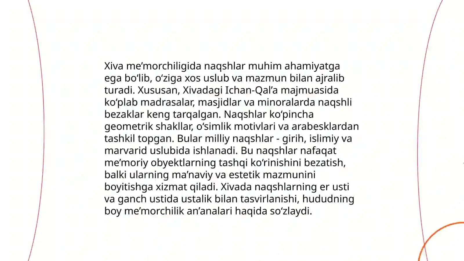 Xiva xonligida bunyod etilgan me’moriy yodgorliklaridagi naqshlar va tasvirlarning nafisligi va o’ziga xosligi 4