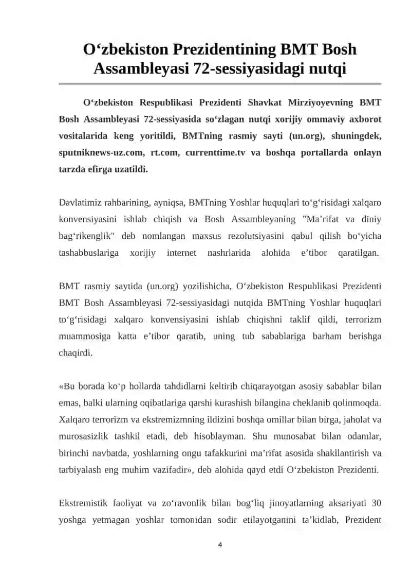 Nutq O`zbekiston Prezidenti Shavkat Mirziyoyevning BMT Bosh Assambleyasi 72-sessiyasida so‘zlagan nutq 4