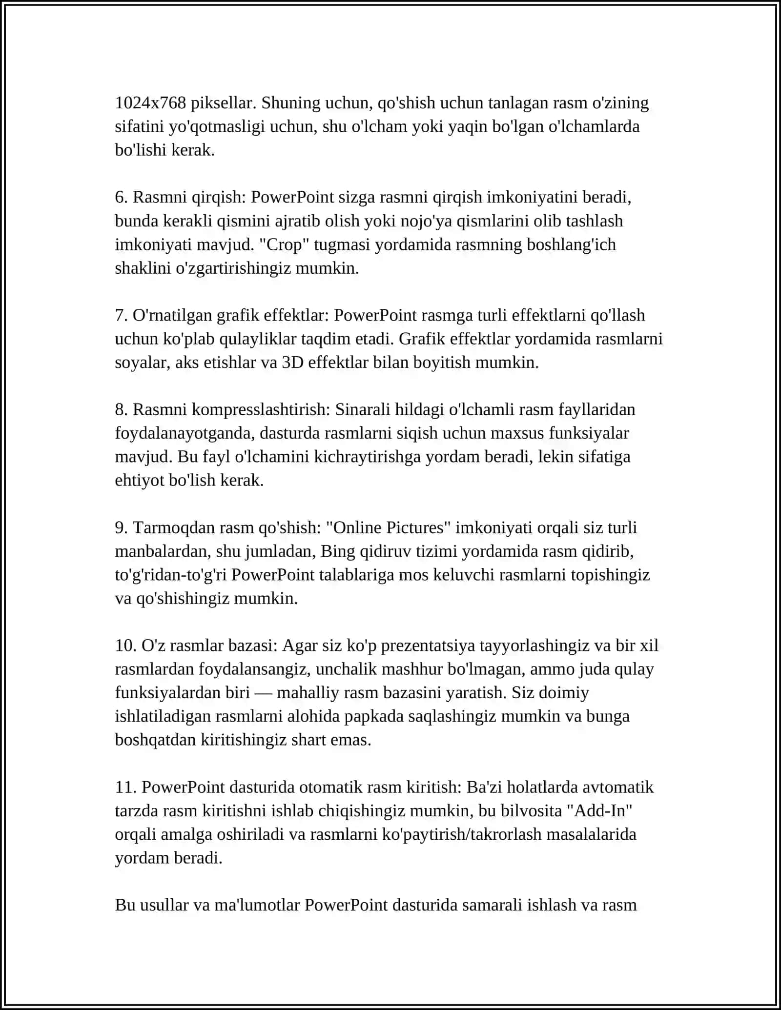 POVER POINT DASTURIDA RASMLAR JADVALLAR VA DIAGRAMMALAR BILAN ISHLASH 4