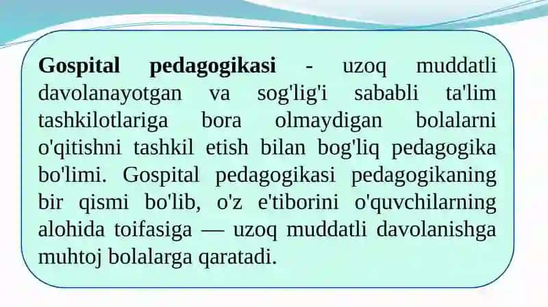 Gospital pedagogika – inklyuziyani ajralmas qismi sifatida. Xorijiy mamlakatlarda gospital pedagogika an’analari va xususiyatlari 4