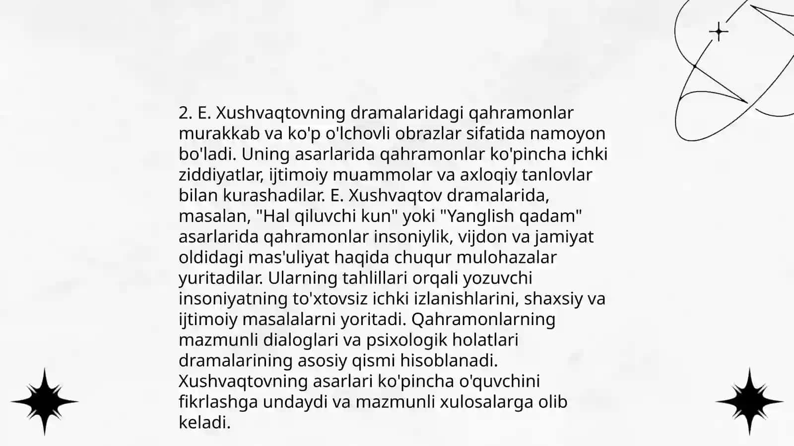 E.Xushvaqtovning dramatik asarlaridagi asosiy mavzular 4
