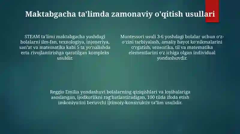 Maktabgacha umumiy oʻrta professional taʼlimda oʻqitish jarayonlarini zamonaviy tashkil etish 4