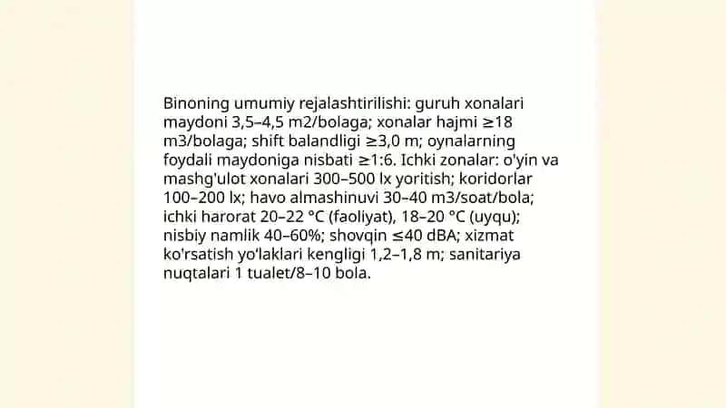 Bolalar muassasalarini loyihalashtirish qurilish va jihozlashga bulgan geginik talablar 4