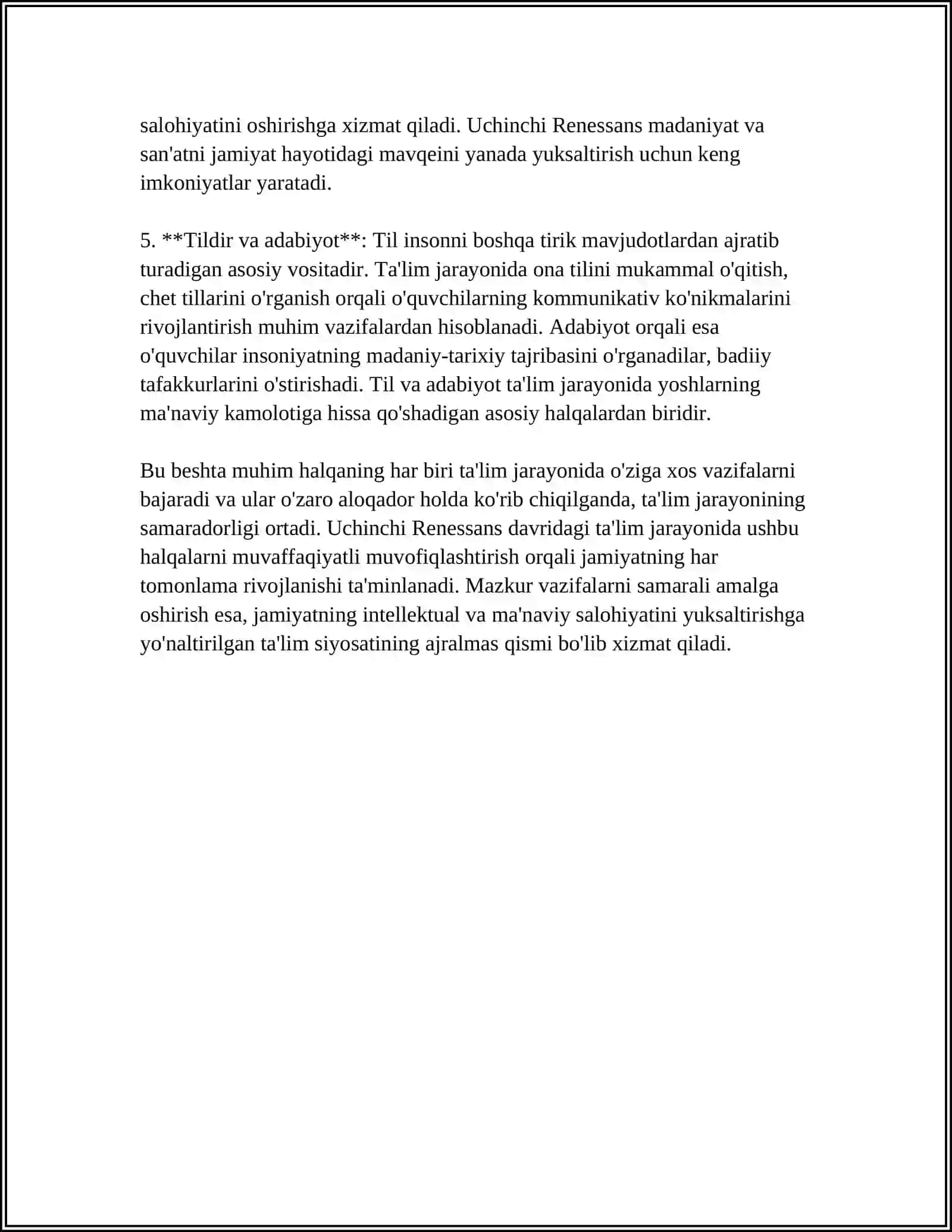 "UCHINCHI RENESSANSNING BESHTA MUHIM HALQASI FAOLIYATINI MUVOFIQLASHTIRISHDA TA'LIM JARAYONIDAGI VAZIFALAR" 4