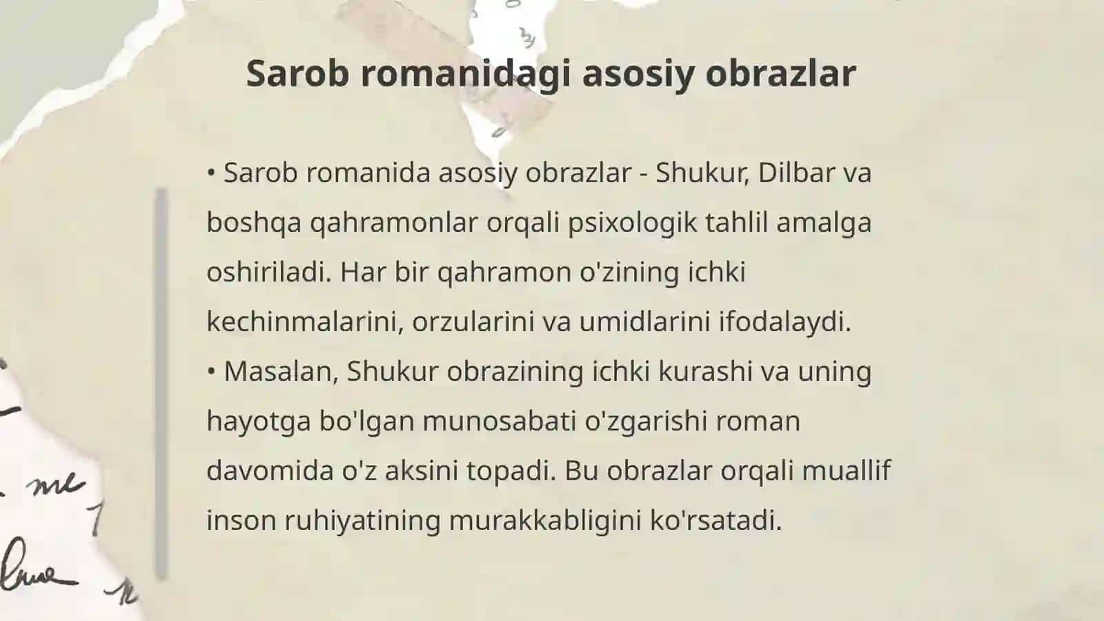 Badiiy asarda psixologizm muammosi. Sarob romani misolida 4