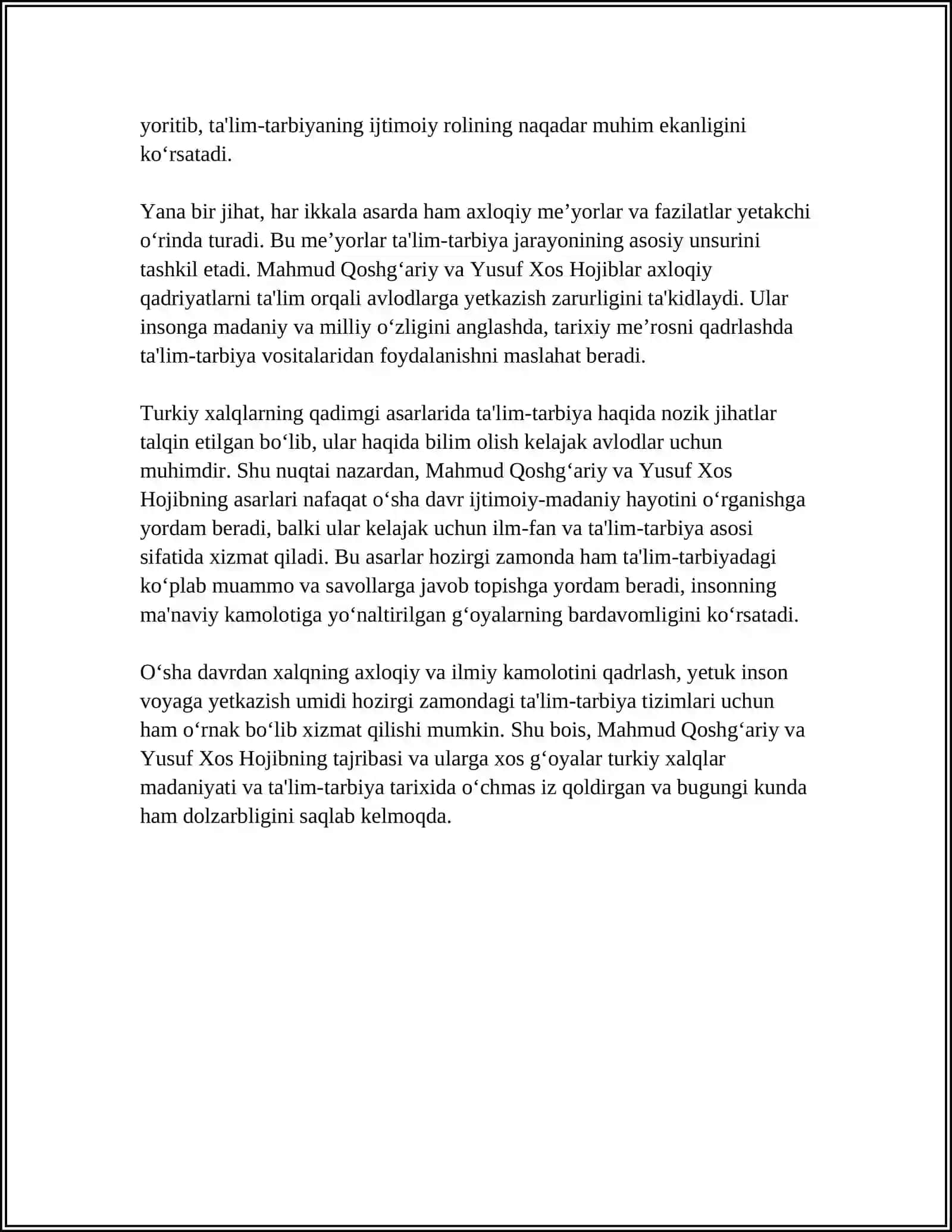 MAHMUD QOSHGʻARIY YUSUF XOS HOJIB ASARLARIDA TAʼLIM -TARBIYA MASALALARINING YORITILISHI 4