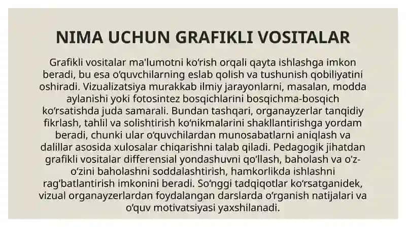 O'qitishnig grafikli vositasidan tabiiy fanlarni organeyzerlar o'qitishda foydalanish 4
