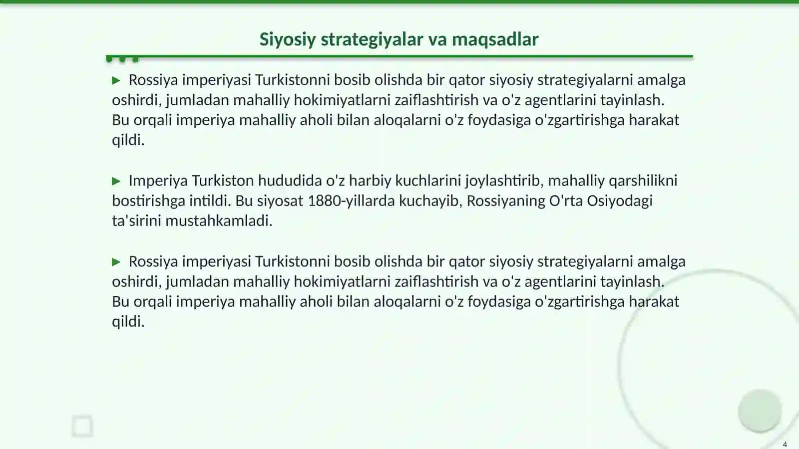 Rossiya imperiyasining Turkiston olkasini bosib olishining siyosiy, iqtisodiy sabablari va masalalari 4