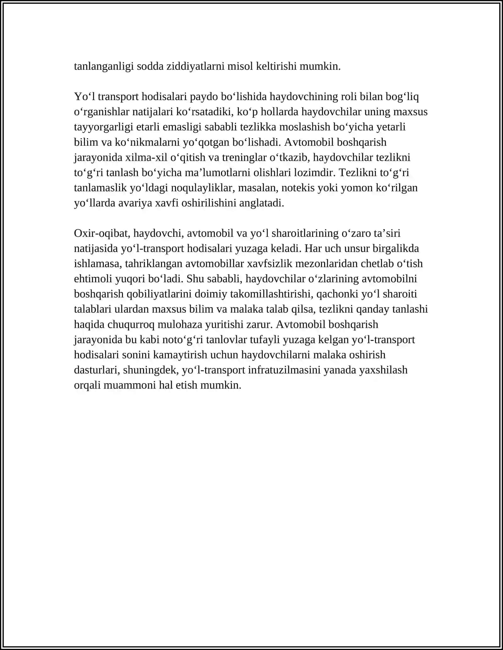 YO'L TRANSPORT HODISASI VUJUDGA KELISHIDA AVTOMOBILNING HAYDOVCHINING VA YO'L SHAROITINING O'RNI 4