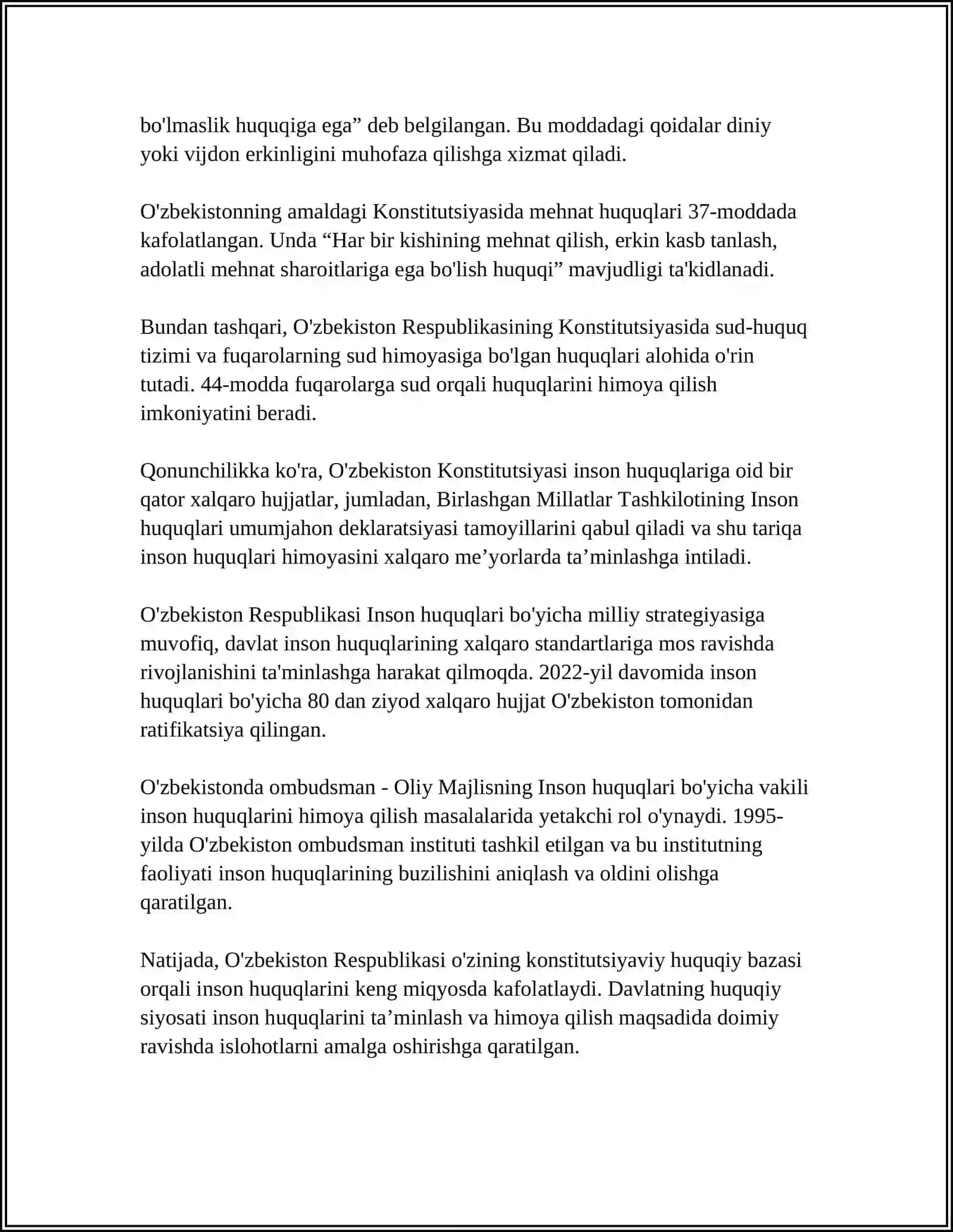 O'ZBEKISTONDA INSON XUQUQLARI VA ERKINLIKLARI KAFOLATINING YARATILISHI 4