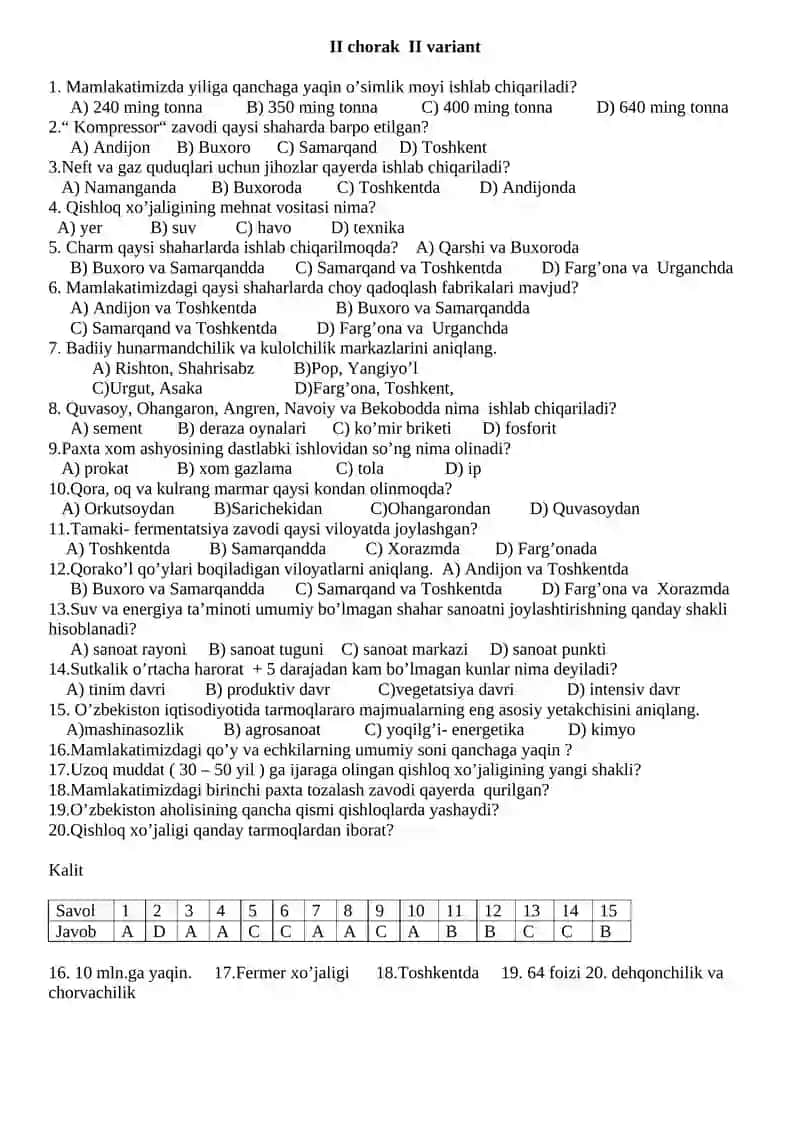 8 sinf, geografiya I chorak I variant 4