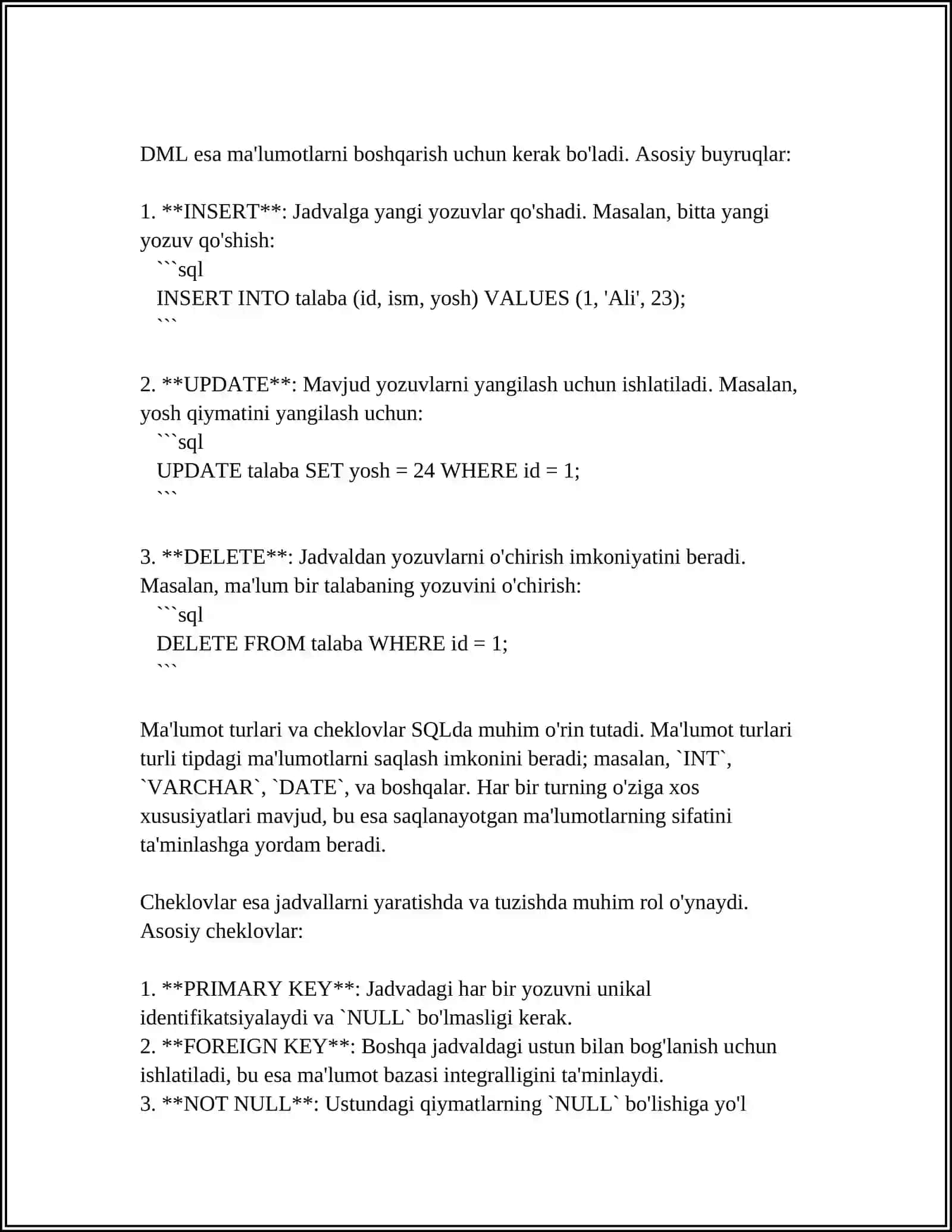 SQLGA KIRISH. DDL VA DML: CREATE, ALTER, DROP, INSERT, UPDATE, DELETE. TIPLAR VA CHEKLOVLAR 4