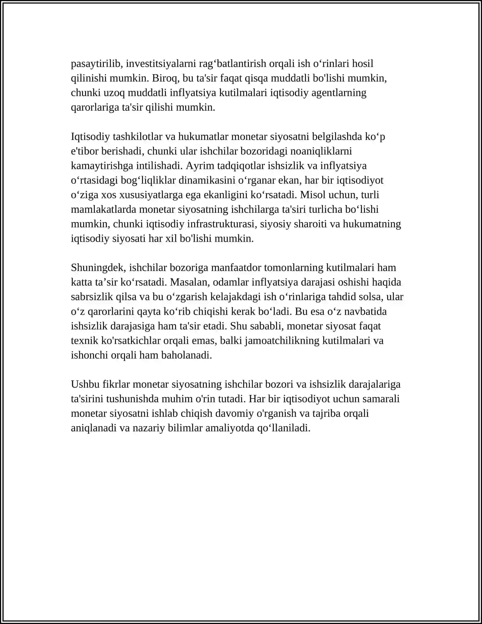 MONETAR SIYOSAT VA ISHSIZLIK DARAJASI O’RTASIDAGI BOG’LIQLIK 4