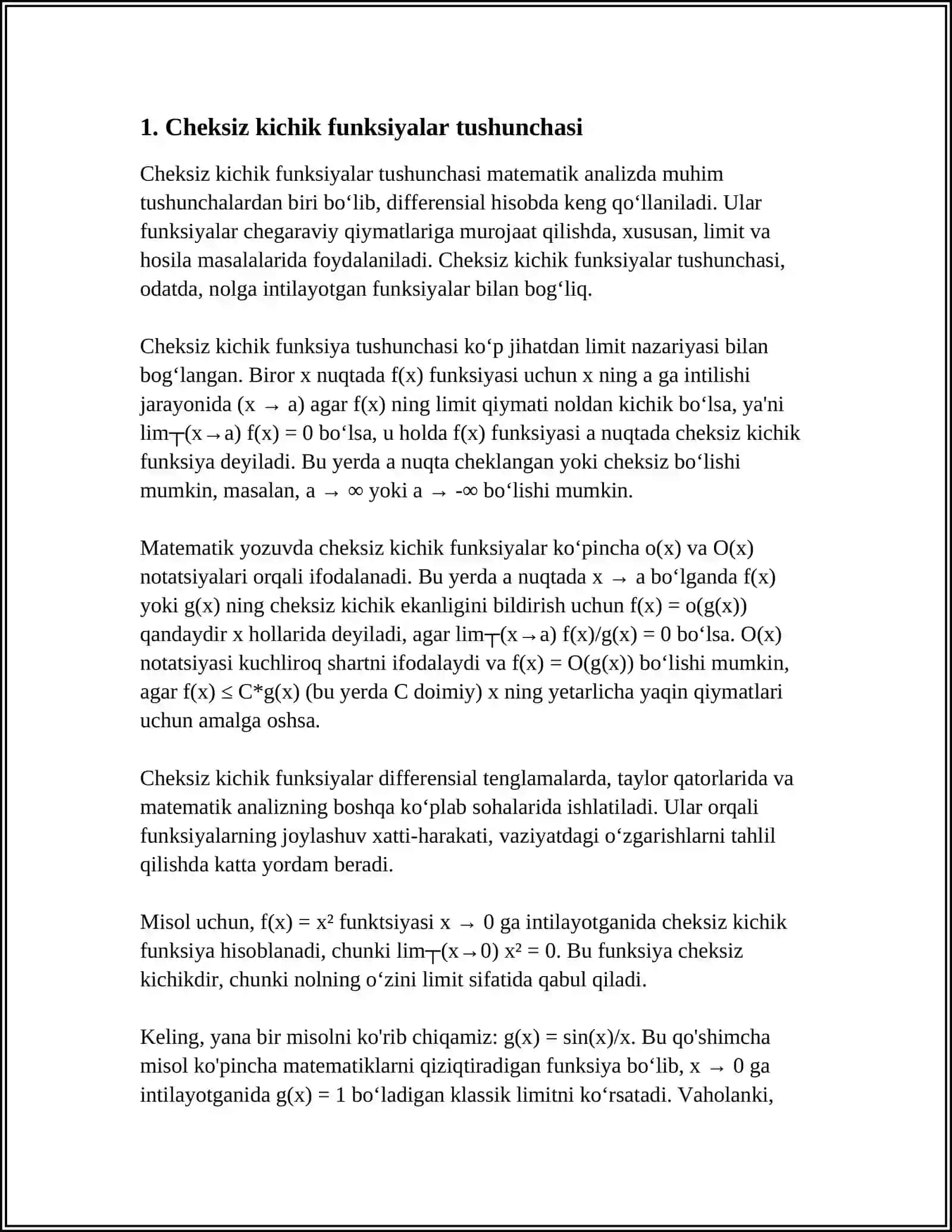 TAQRIBIY HISOBLASHLARDA VA LIMITLARNI HISOBLASHLARDA CHEKSIZ KICHIK FUNKSIYALAR 4
