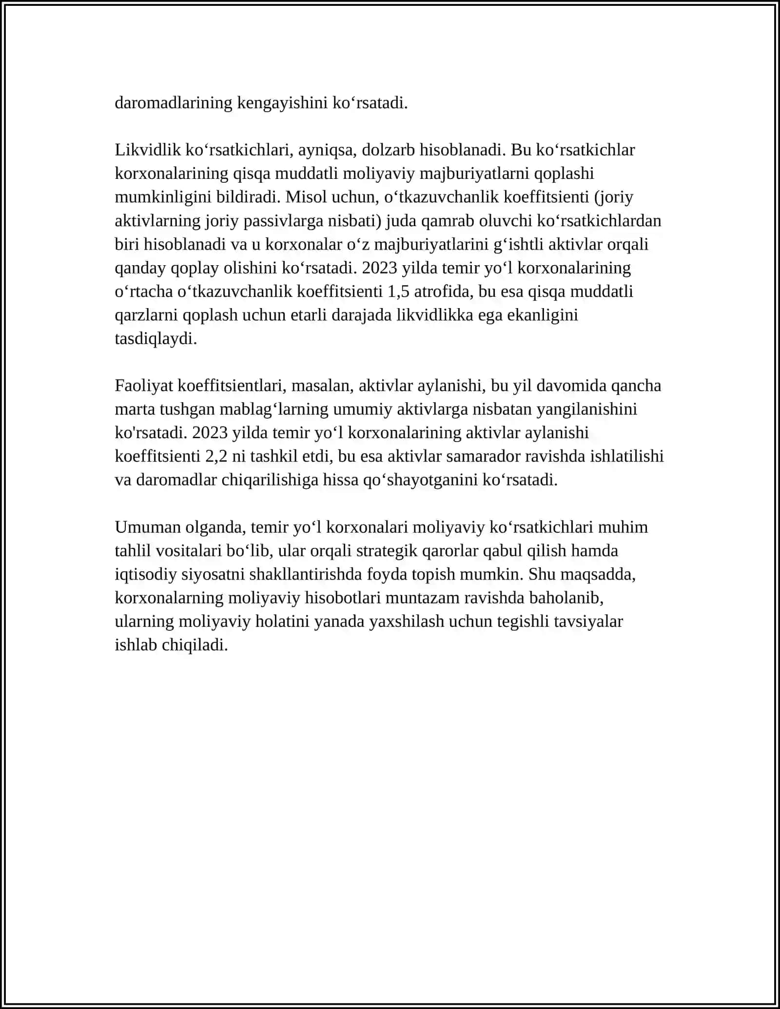 TRANSPORT (TEMIR YO’L, AVTOMOBIL) KORXONALARIDA MOLIYAVIY HOLATINI TAHLILI 4