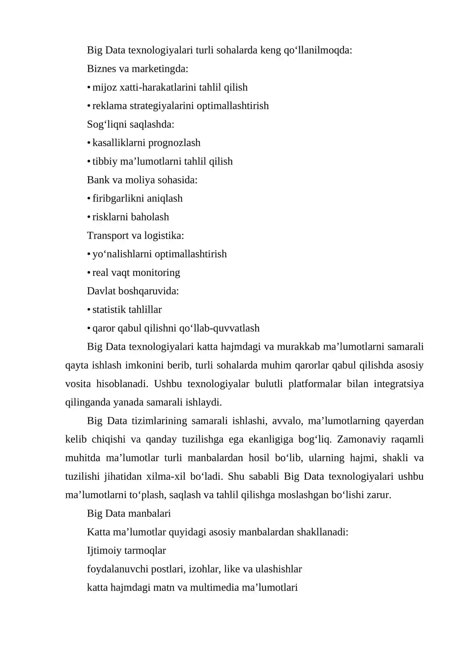 BIG DATA TEXNOLOGIYALARI VA ULARNING BULUTLI PLATFORMALAR BILAN INTEGRATSIYASI 4