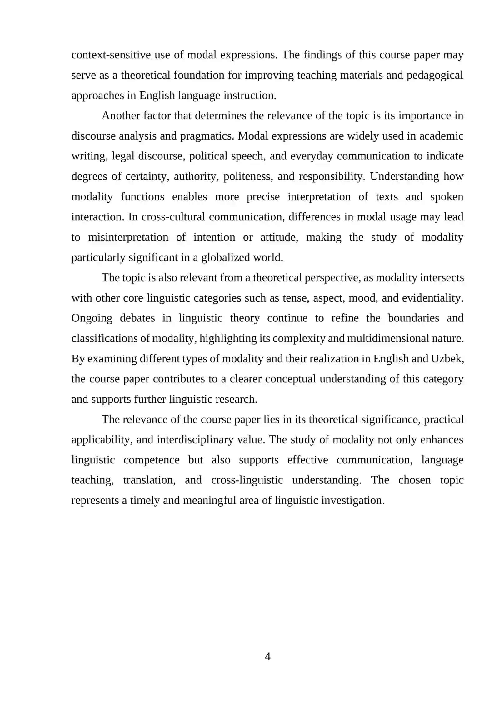 THE MODALITY: A COMPARATIVE STUDY OF MODAL VERBS AND IN AND MODAL MEANINGS IN UZBEK 4