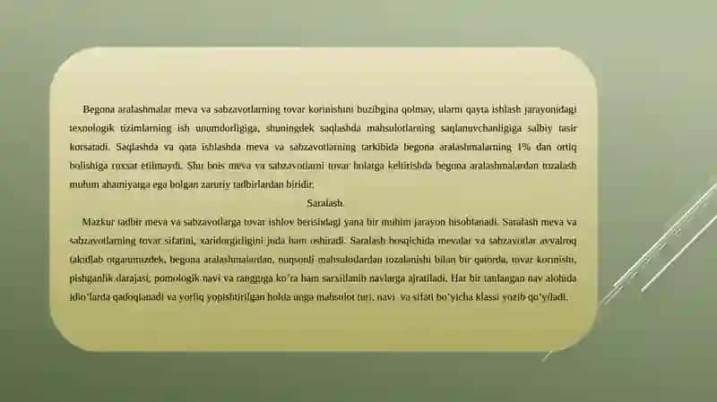 Meva-sabzavotlarni tovar holatiga keltirish, saralash 4