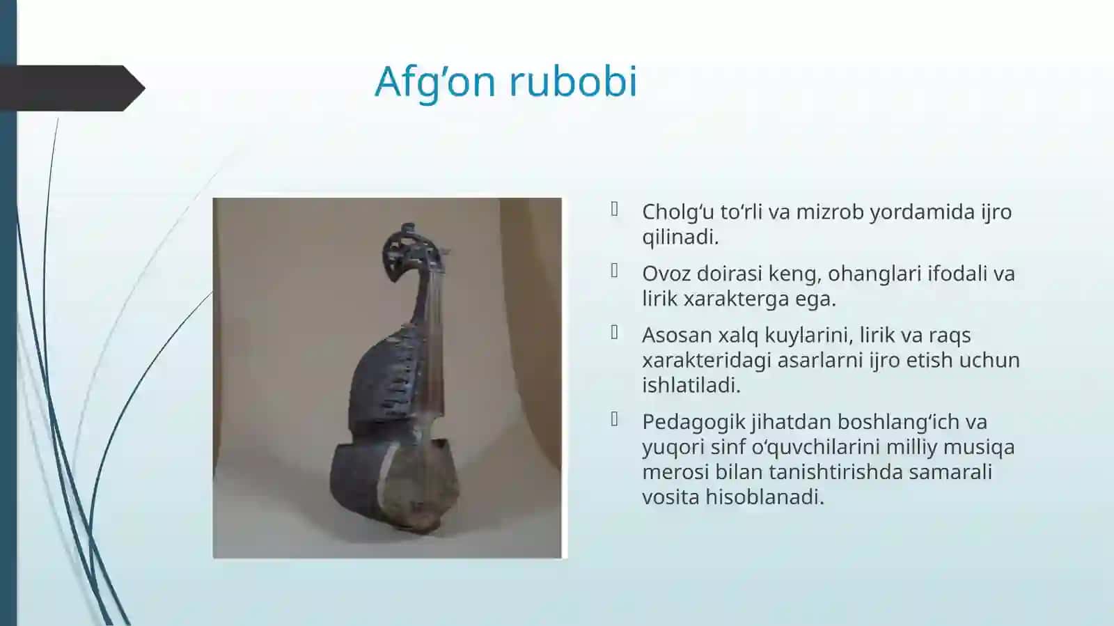 BMSMning yuqori sinf o‘quvchilariga Afgʻon rubobi cholg[]ning “Dilbarim” asarini o‘rgatish metodikasi 4